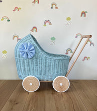 Load image into Gallery viewer, LUXURY blue wicker pram with blue bow and matching bedding included, wicker doll pram UK, pram toy, wooden pram, 1st birthday
