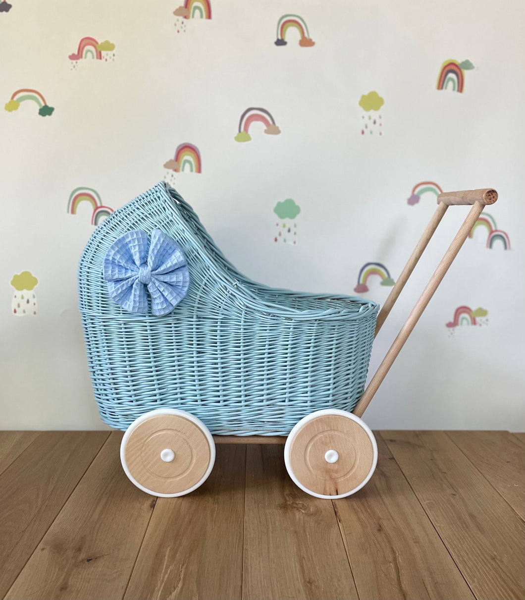 LUXURY blue wicker pram with blue bow and matching bedding included, wicker doll pram UK, pram toy, wooden pram, 1st birthday
