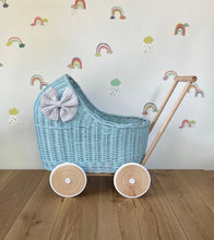 Load image into Gallery viewer, LUXURY blue wicker pram with light grey bow and matching bedding included, wicker doll pram UK, pram toy, wooden pram, 1st birthday

