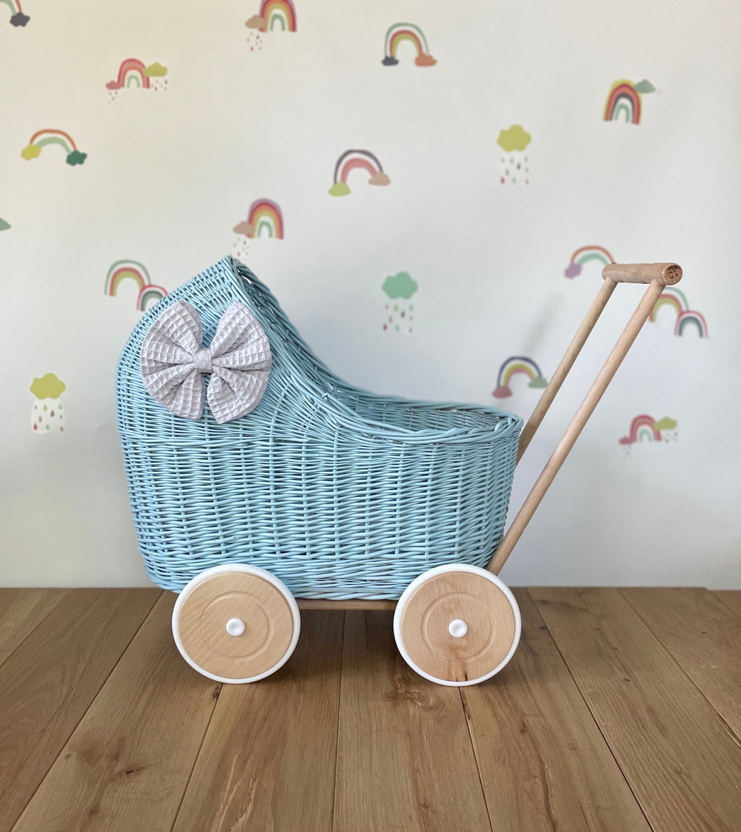 LUXURY blue wicker pram with light grey bow and matching bedding included, wicker doll pram UK, pram toy, wooden pram, 1st birthday