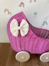 Load image into Gallery viewer, LUXURY dark pink wicker pram with cream bow and matching bedding included, wicker doll pram UK, pram toy, wooden pram, 1st birthday
