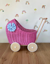 Load image into Gallery viewer, LUXURY dark pink wicker pram with blue bow and matching bedding included, wicker doll pram UK, pram toy, wooden pram, 1st birthday
