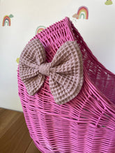 Load image into Gallery viewer, LUXURY dark pink wicker pram with purple bow and matching bedding included, wicker doll pram UK, pram toy, wooden pram, 1st birthday
