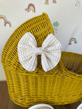 Load image into Gallery viewer, LUXURY mustard wicker pram with cream bow and matching bedding included, wicker doll pram UK, pram toy, wooden pram, 1st birthday
