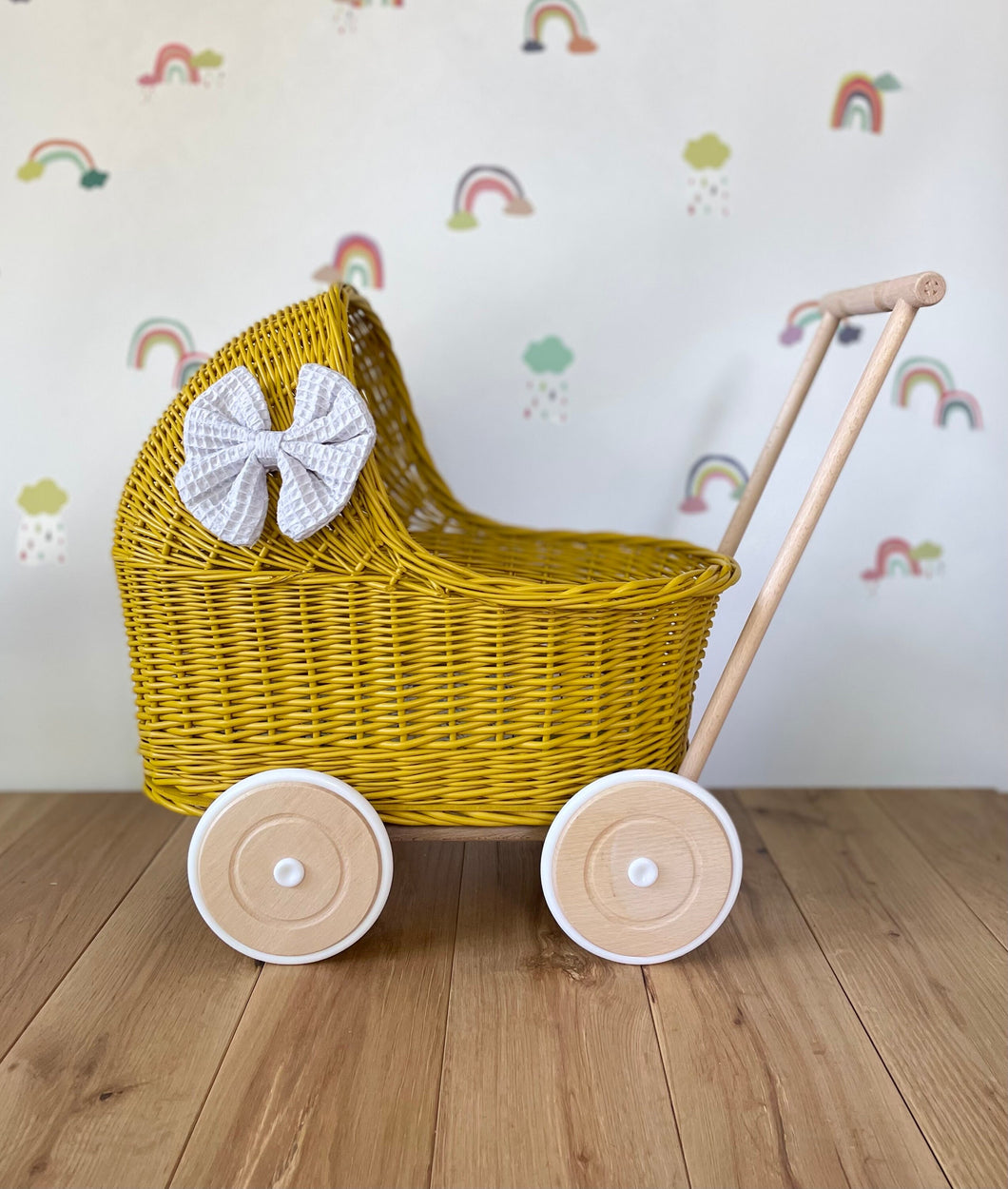 LUXURY mustard wicker pram with light grey bow and matching bedding included, wicker doll pram UK, pram toy, wooden pram, 1st birthday