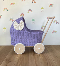 Load image into Gallery viewer, LUXURY lilac wicker pram with cream bow and matching bedding included, wicker doll pram UK, pram toy, wooden pram, 1st birthday
