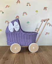Load image into Gallery viewer, LUXURY lilac wicker pram with white bow and matching bedding included, wicker doll pram UK, pram toy, wooden pram, 1st birthday
