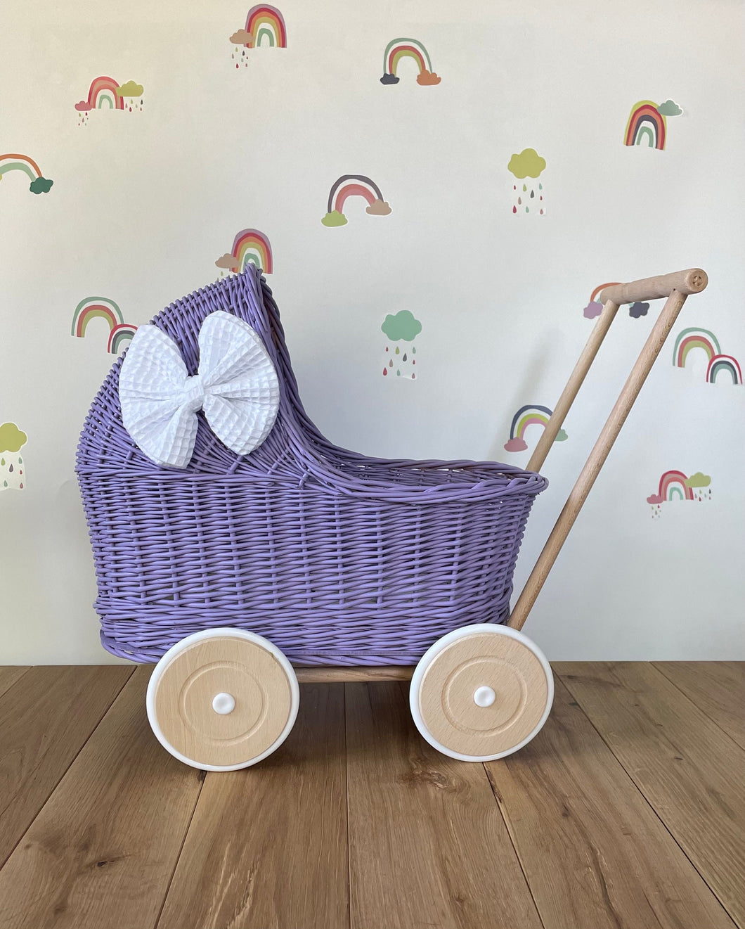 LUXURY lilac wicker pram with white bow and matching bedding included, wicker doll pram UK, pram toy, wooden pram, 1st birthday