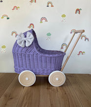 Load image into Gallery viewer, LUXURY lilac wicker pram with light grey bow and matching bedding included, wicker doll pram UK, pram toy, wooden pram, 1st birthday
