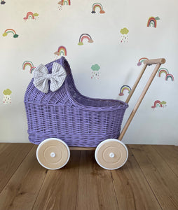 LUXURY lilac wicker pram with light grey bow and matching bedding included, wicker doll pram UK, pram toy, wooden pram, 1st birthday