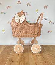 Load image into Gallery viewer, LUXURY wicker pram with bow and bedding included, wicker pram, dolls pram, pram toy, wooden pram, wicker dolls pram, tall natural stroller

