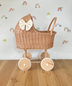 LUXURY wicker pram with bow and bedding included, wicker pram, dolls pram, pram toy, wooden pram, wicker dolls pram, tall natural stroller
