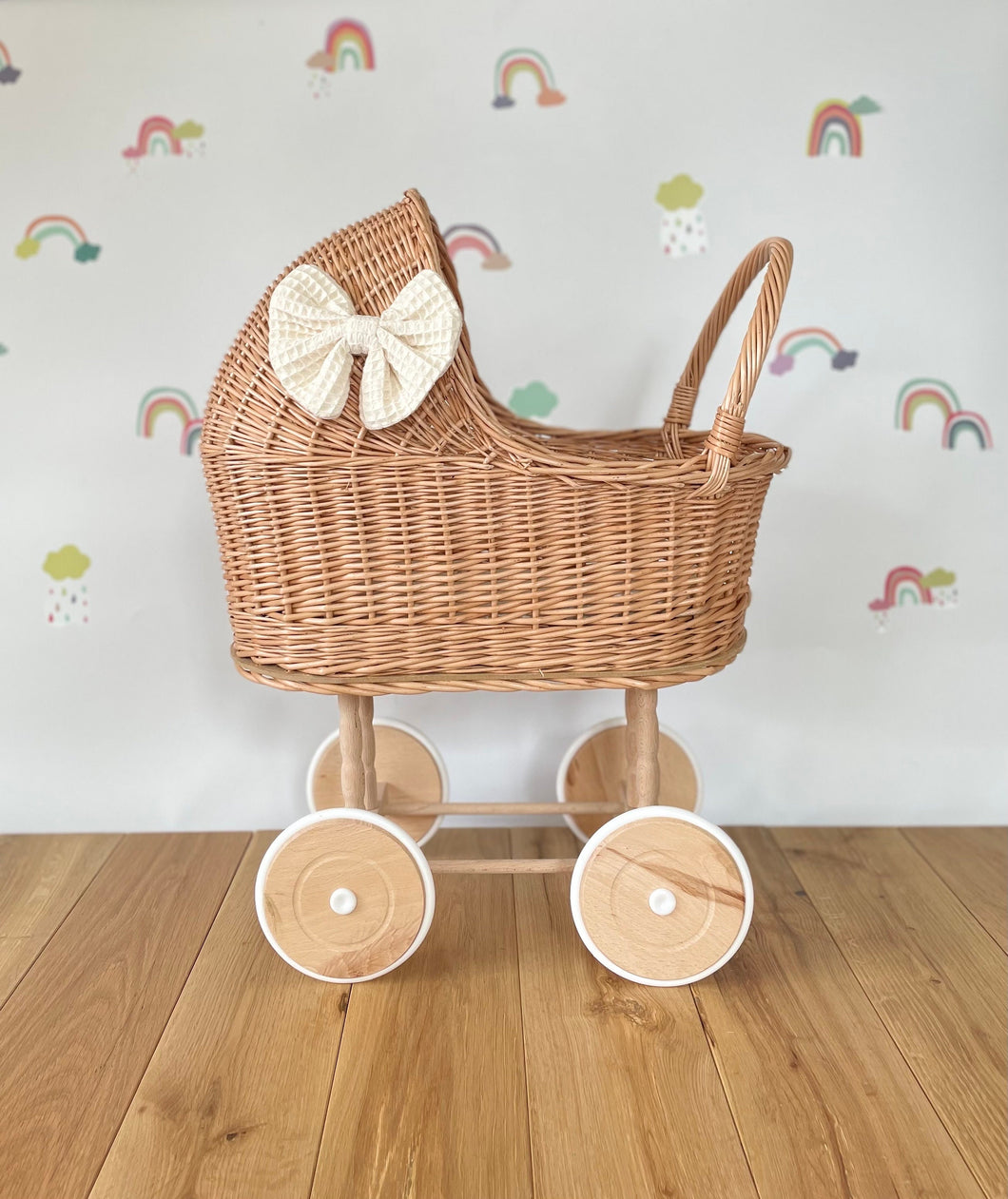 LUXURY wicker pram with bow and bedding included, wicker pram, dolls pram, pram toy, wooden pram, wicker dolls pram, tall natural stroller