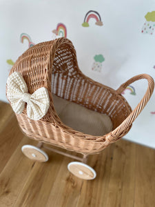 LUXURY wicker pram with bow and bedding included, wicker pram, dolls pram, pram toy, wooden pram, wicker dolls pram, tall natural stroller