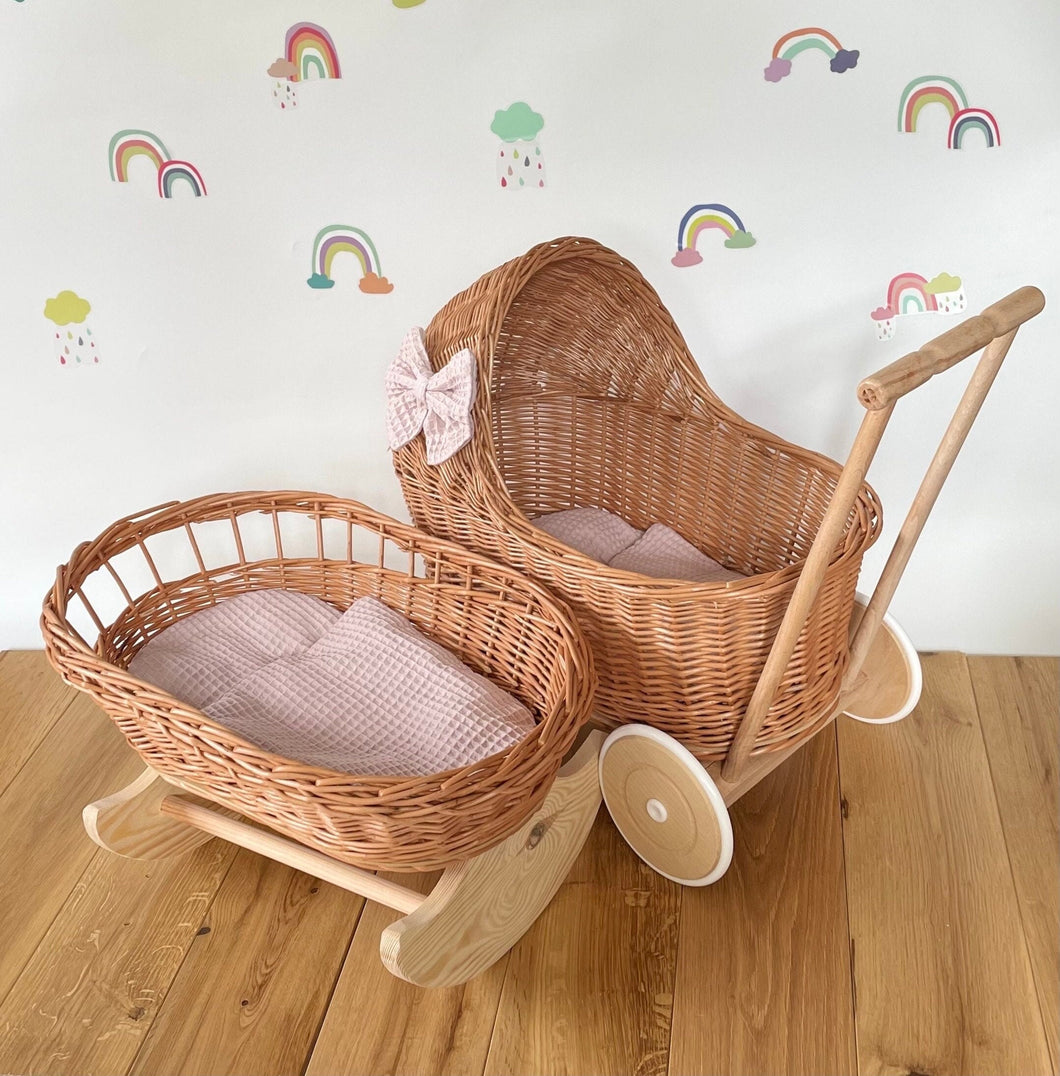 Luxury set of wicker doll stroller and wicker crib with bow, bedding and name tag included.