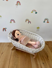 Load image into Gallery viewer, Dolls cradle with pom-poms , dolls crib with pom-poms , dolls mosses basket, doll cradle, doll bed, doll cot,  White
