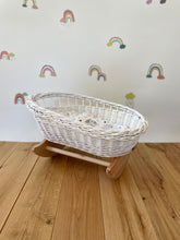 Load image into Gallery viewer, Dolls cradle with pom-poms , dolls crib with pom-poms , dolls mosses basket, doll cradle, doll bed, doll cot,  White
