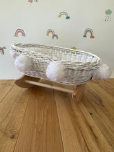 Load image into Gallery viewer, Dolls cradle with pom-poms , dolls crib with pom-poms , dolls mosses basket, doll cradle, doll bed, doll cot,  White
