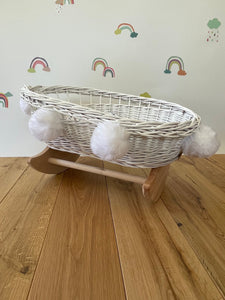 Dolls cradle with pom-poms , dolls crib with pom-poms , dolls mosses basket, doll cradle, doll bed, doll cot,  White
