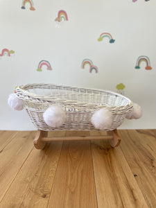 Dolls cradle with pom-poms , dolls crib with pom-poms , dolls mosses basket, doll cradle, doll bed, doll cot,  White