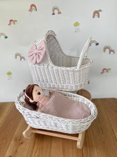 Load image into Gallery viewer, Luxury set of tall wicker doll pram with bow and crib, matching bedding and name tag included, White
