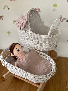 Luxury set of tall wicker doll pram with bow and crib, matching bedding and name tag included, White