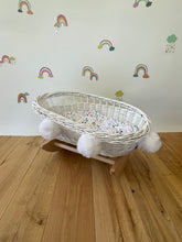 Load image into Gallery viewer, Dolls cradle with pom-poms , dolls crib with pom-poms , dolls mosses basket, doll cradle, doll bed, doll cot,  White
