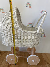 Load image into Gallery viewer, Wicker pram with bow, tall dolls pram, bow and bedding included. Cream/ off white pram
