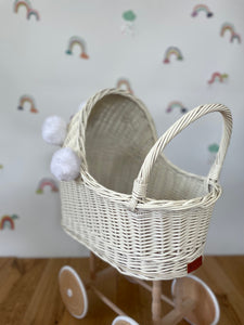 Wicker pram with bow, tall dolls pram, bow and bedding included. Cream/ off white