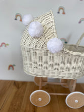 Load image into Gallery viewer, Wicker pram with bow, tall dolls pram, bow and bedding included. Cream/ off white
