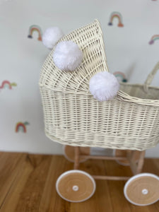 Wicker pram with bow, tall dolls pram, bow and bedding included. Cream/ off white