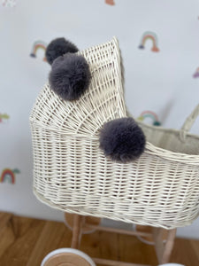 Wicker pram with bow, tall dolls pram, bow and bedding included. Cream/ off white pram with grey  pom-poms and bedding of your choice.
