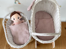 Load image into Gallery viewer, Luxury set of tall wicker doll pram with bow and crib, matching bedding and name tag included, White
