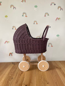 Tall Wicker Pram, Dolls pram, Wicker doll pram UK, Baby doll pram, Pram toy, Wooden Pram, Baby pram, Wicker dolls pram, Dark purple