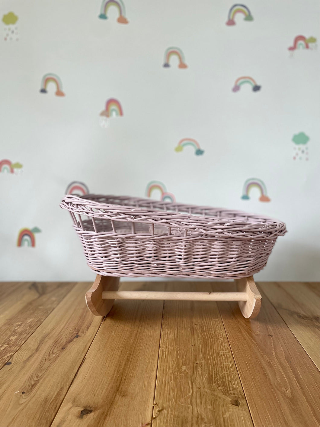 Luxury pale pink doll’s cradle, wicker crib with bedding included, dolls wicker rocker, dolls cradle,  mosses basket, bedding included