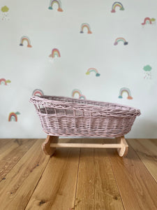 Luxury Set Of Wicker Doll Pram And Crib With Bow, Matching Bedding And Name Tag Included. Pale Pink