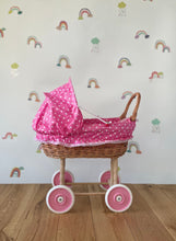 Load image into Gallery viewer, Wicker Dolls Pram, Pink Polka Dots, Wicker Stroller, Pushchair, 1st Birthday Present.
