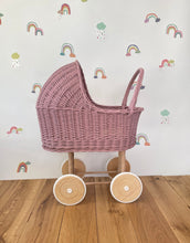 Load image into Gallery viewer, LUXURY tall wicker pram with bow and bedding included, dolls pram, baby doll pram, wooden pram, wicker dolls pram, light purple
