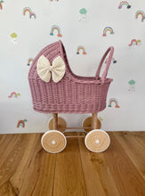 Load image into Gallery viewer, Personalised Tall Wicker Pram, Dolls pram, Dolls stroller, Baby Doll Pram, Pram Toy, Wooden Pram, Light purple
