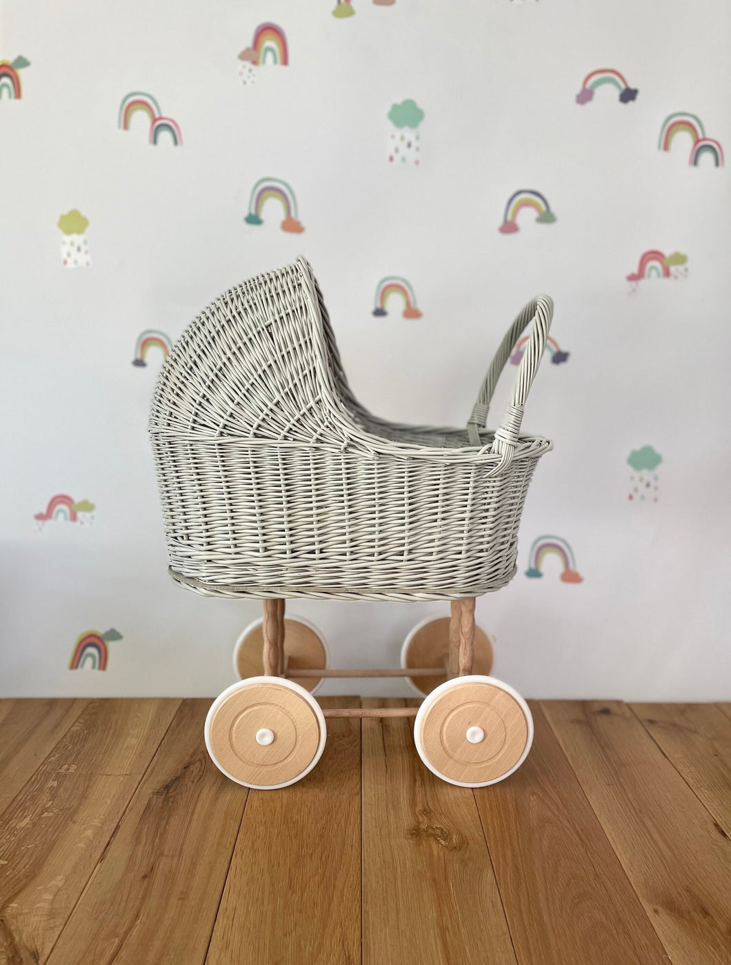 LIGHT GREY tall wicker pram, dolls pram, wicker doll pram UK, baby doll pram, pram toy, wooden pram, wicker stroller, ecofriendly toy,