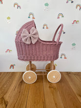 Load image into Gallery viewer, LUXURY tall wicker pram with bow and bedding included, dolls pram, baby doll pram, wooden pram, wicker dolls pram, light purple
