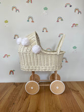 Load image into Gallery viewer, Wicker pram with bow, tall dolls pram, bow and bedding included. Cream/ off white
