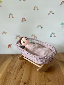 Luxury Set Of Wicker Doll Pram And Crib With Bow, Matching Bedding And Name Tag Included. Pale Pink