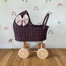 Load image into Gallery viewer, LUXURY tall wicker pram with bow and bedding included, dolls pram, baby doll pram, wooden pram, wicker dolls pram, dark purple
