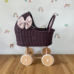 LUXURY tall wicker pram with bow and bedding included, dolls pram, baby doll pram, wooden pram, wicker dolls pram, dark purple