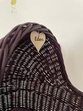 Load image into Gallery viewer, LUXURY tall wicker pram with bow and bedding included, dolls pram, baby doll pram, wooden pram, wicker dolls pram, dark purple

