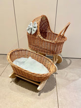 Load image into Gallery viewer, Luxury set of wicker doll pram and crib with bow, matching bedding and name tag included. Wicker pram and cot, natural

