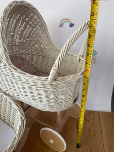 Personalised Cream Tall Wicker Dolls Stroller, Dolls Pram And Cradle Set