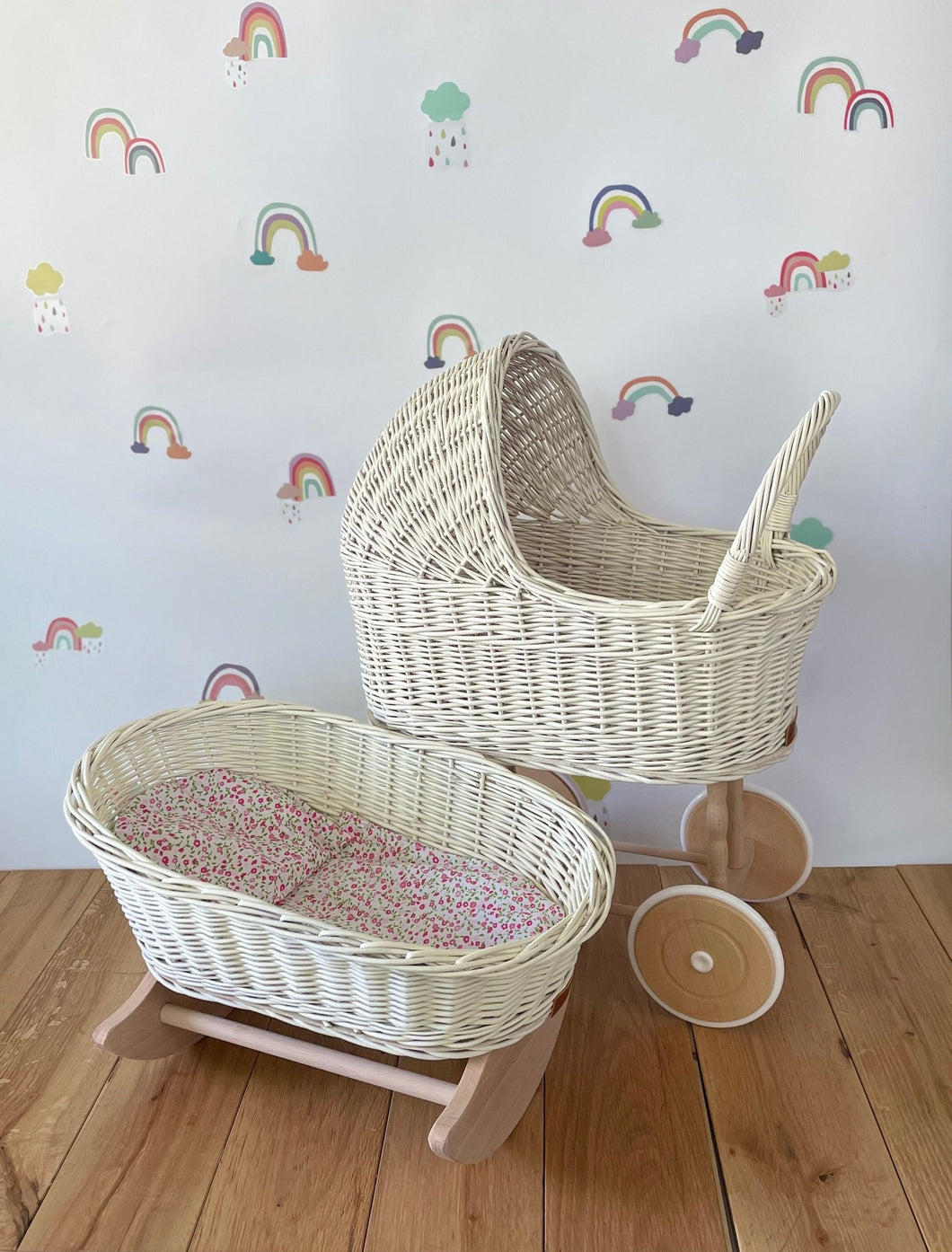 Personalised Cream Tall Wicker Dolls Stroller, Dolls Pram And Cradle Set