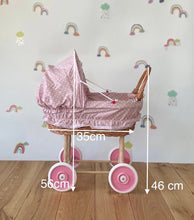 Load image into Gallery viewer, Wicker Dolls Pram, Pink Polka Dots, Wicker Stroller, Pushchair, 1st Birthday Present.
